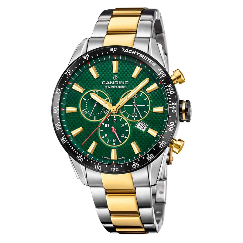 Candino C4748/3 Men’s Swiss Chronograph Watch – Green Dial Two-Tone Bracelet