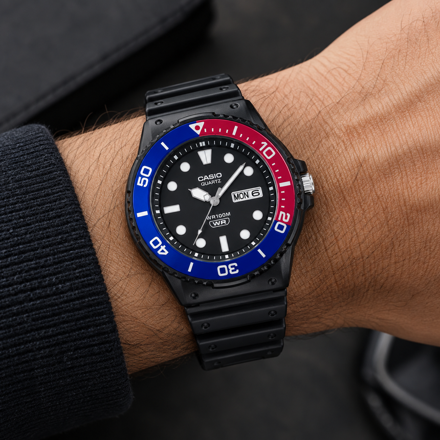 CASIO MRW-230H-1E2V Men’s Analog Sports Watch – Red & Blue Bezel, 100M Water Resistant