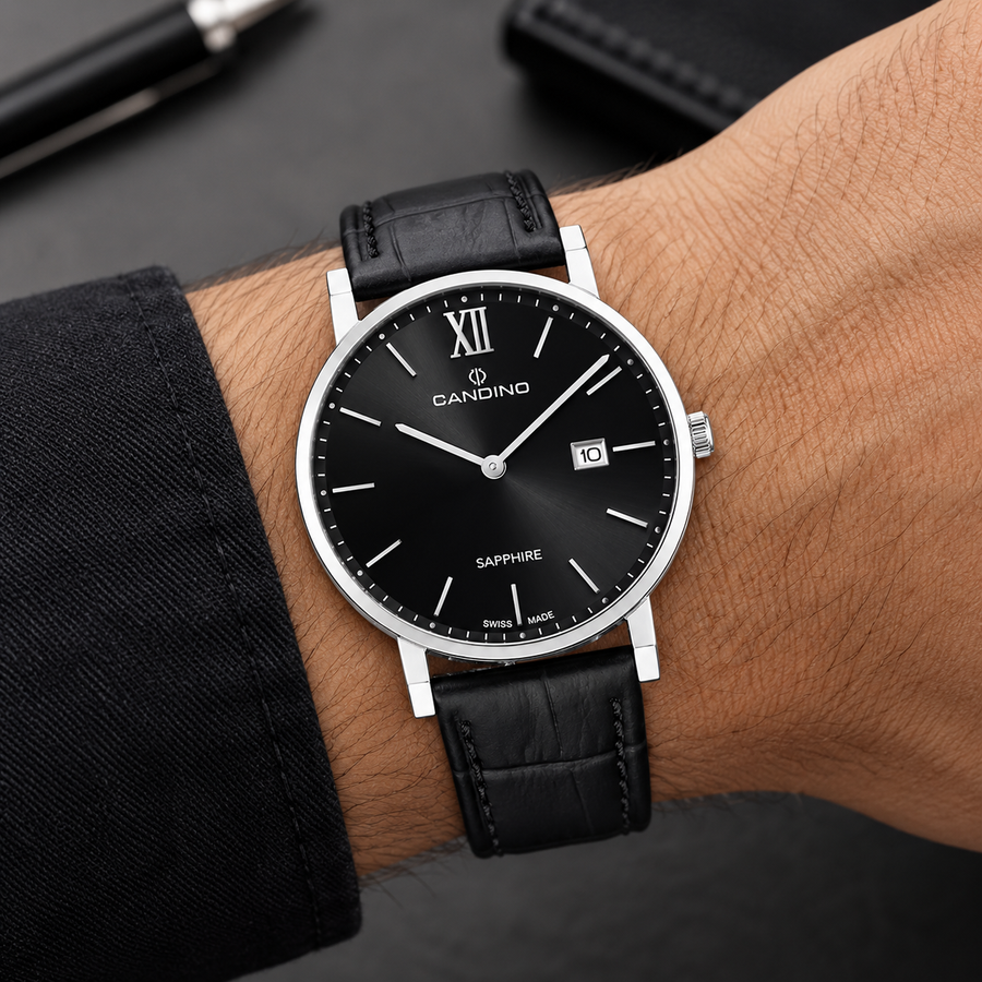 Candino C4724/3 Men’s Swiss Watch – Black Dial Leather Strap Sapphire Crystal
