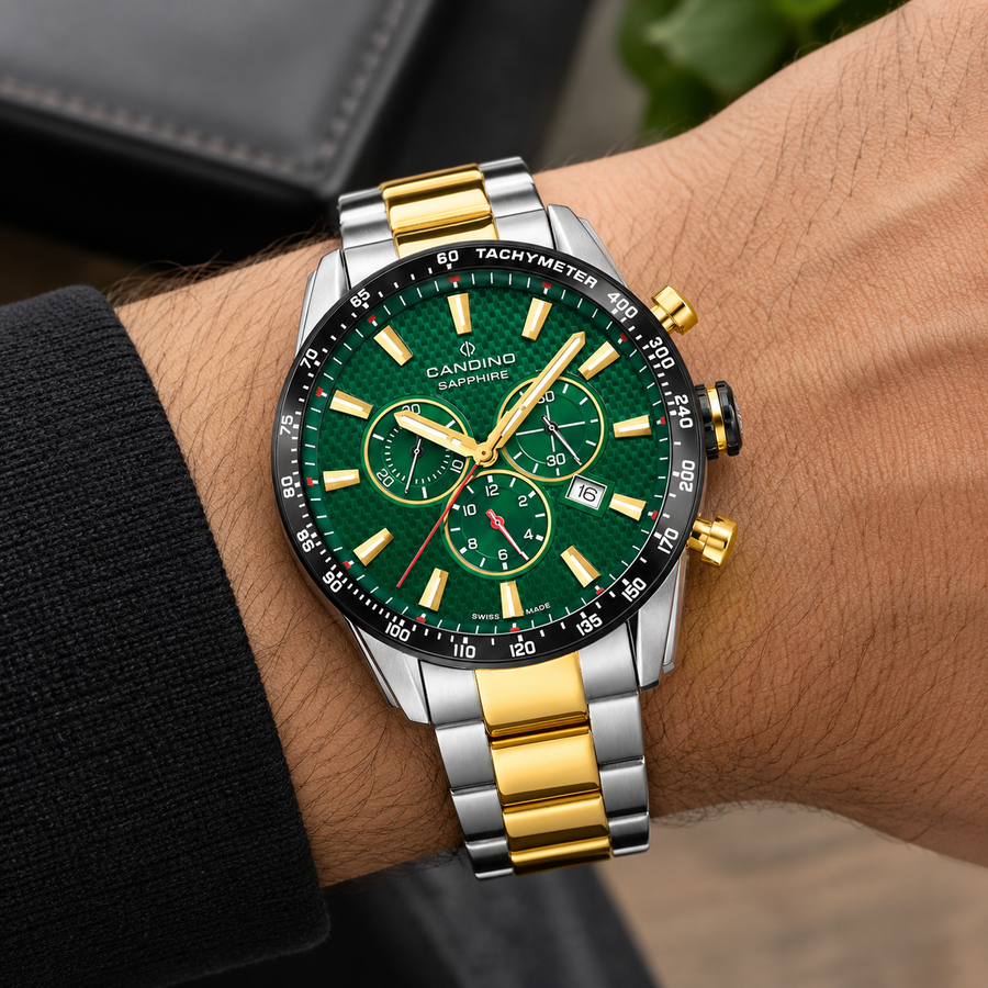 Candino C4748/3 Men’s Swiss Chronograph Watch – Green Dial Two-Tone Bracelet