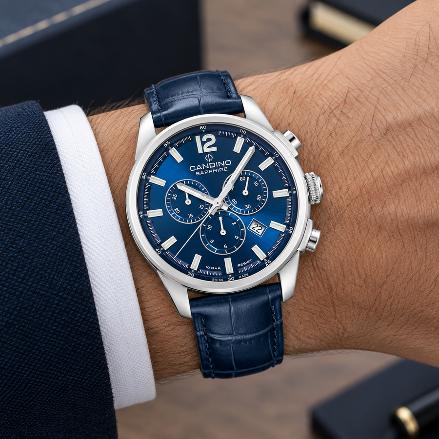 Candino C4745/2 Men’s Swiss Chronograph Watch – Blue Dial Leather Strap