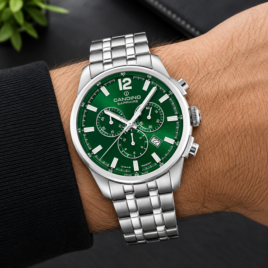 Candino C4744/3 Men’s Swiss Chronograph Watch – Green Dial Stainless Steel Bracelet