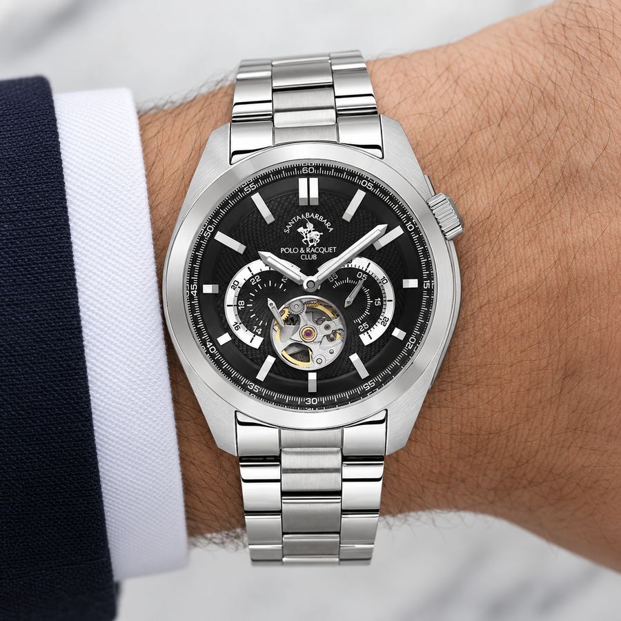 Santa Barbara Polo SB.1.10628-2 Men’s Automatic Watch – Gun Black Open Heart Dial & Stainless Steel Bracelet