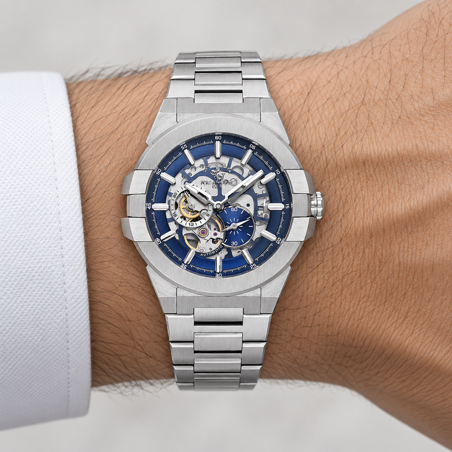 Santa Barbara Polo SB.1.10636-3 Men’s Automatic Watch – Blue Skeleton Dial & Stainless Steel Bracelet
