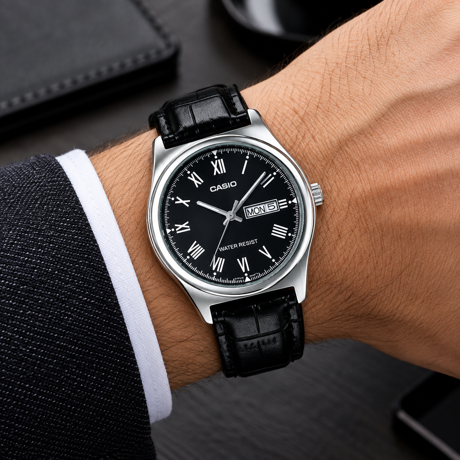 Casio MTP-V006L-1B Men's Analog Watch – Black Dial & Leather Strap