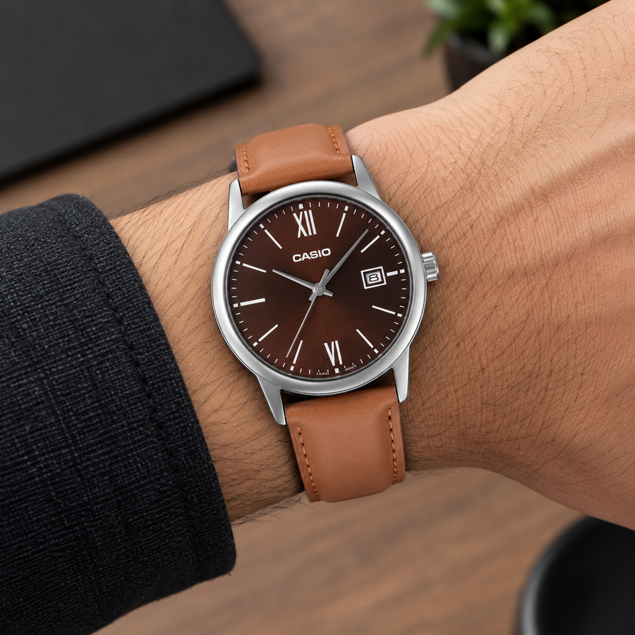 Casio MTP-V002L-5B3 Men's Analog Watch – Brown Dial & Leather Strap