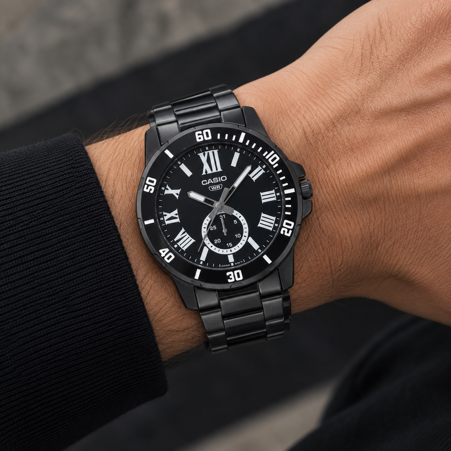 CASIO MTP-VD200B-1B Men’s Black Analog Watch – Stainless Steel Bracelet
