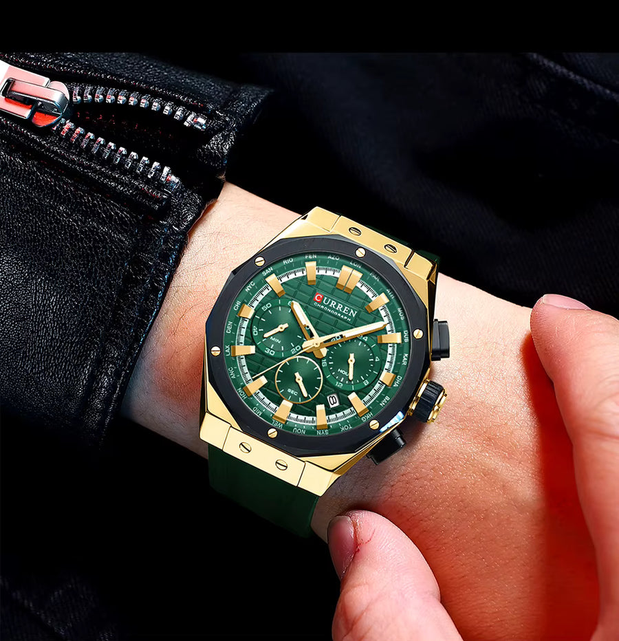 CURREN 8464 Men’s Watch – Green Dial & Silicone Rubber Strap
