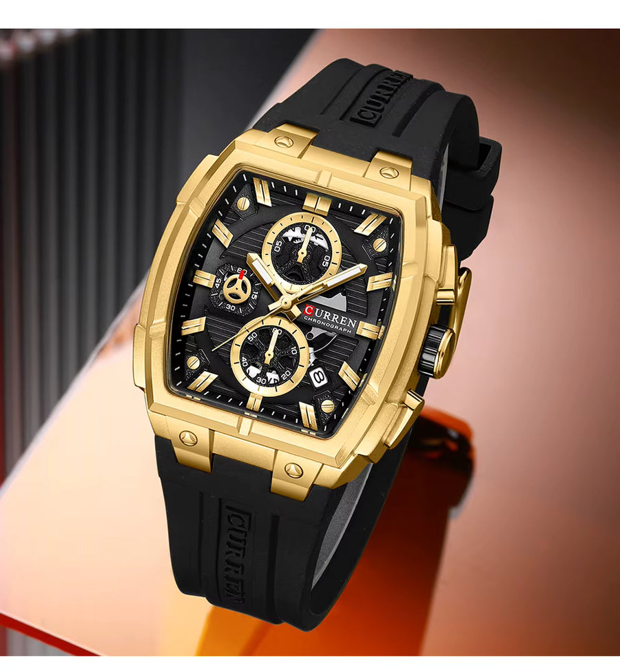 CURREN 8488 Men’s Rubber Strap Watch – Black Gold Sporty Design