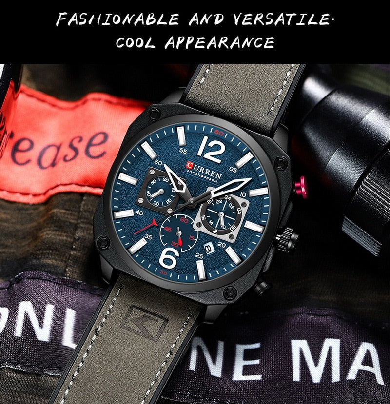 CURREN 8398 Men’s Chronograph Watch – Leather Strap & Black Dial