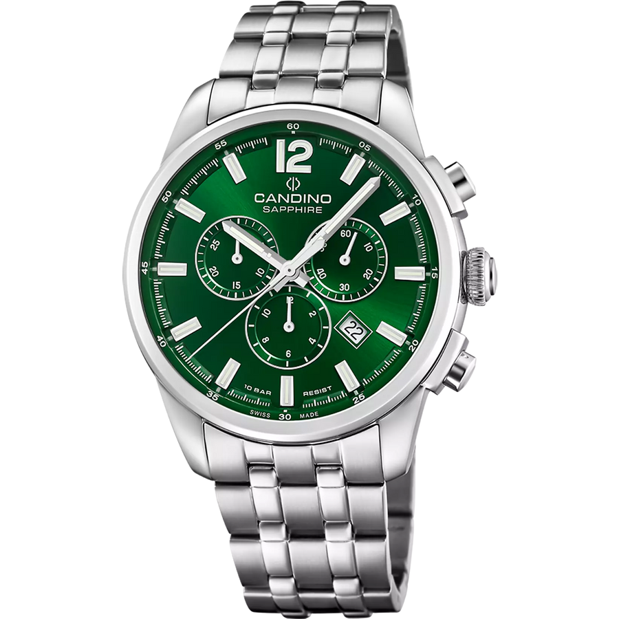 Candino C4744/3 Men’s Swiss Chronograph Watch – Green Dial Stainless Steel Bracelet